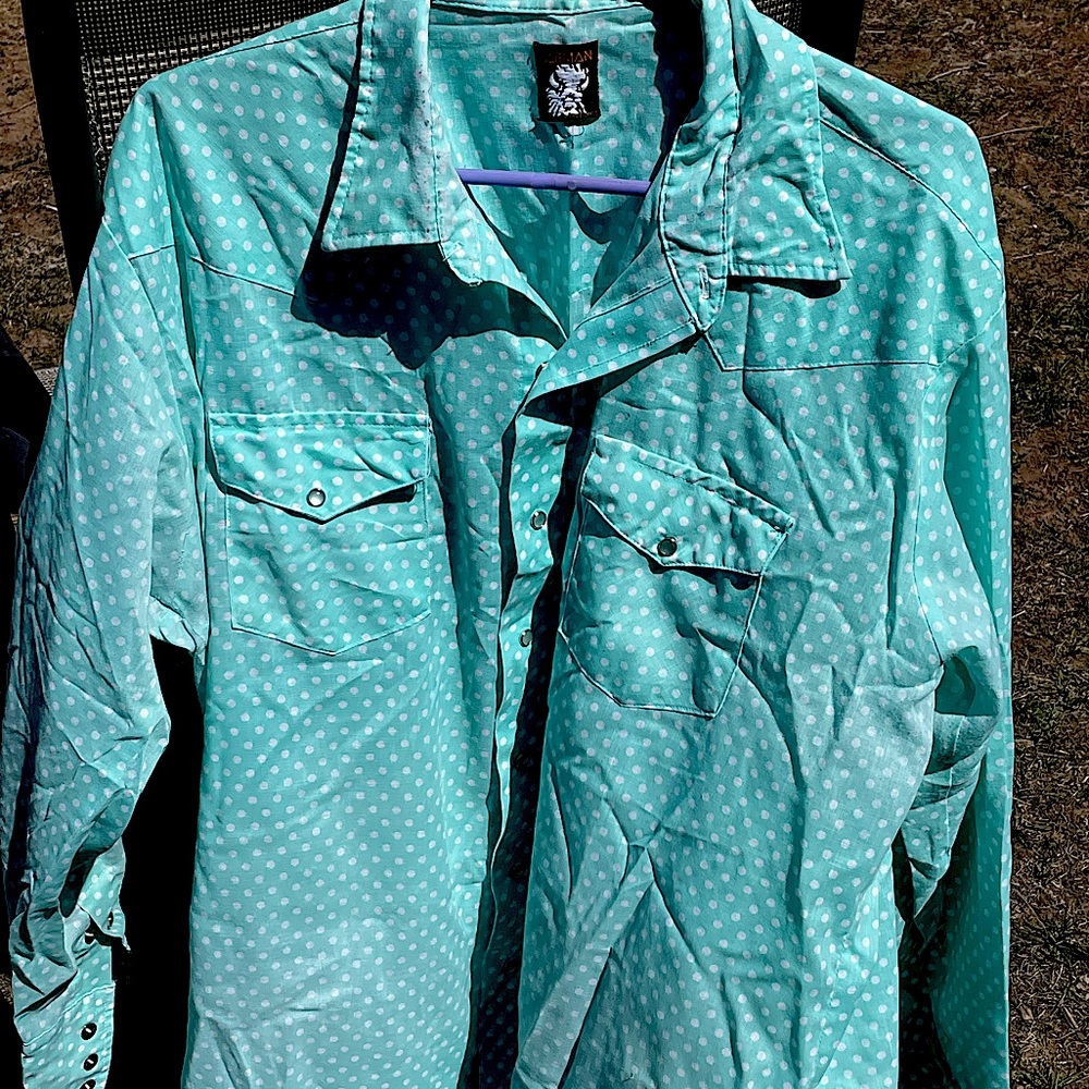 Karman XL Teal w/ white polka dot button Up Long Sleeve Dress shirt